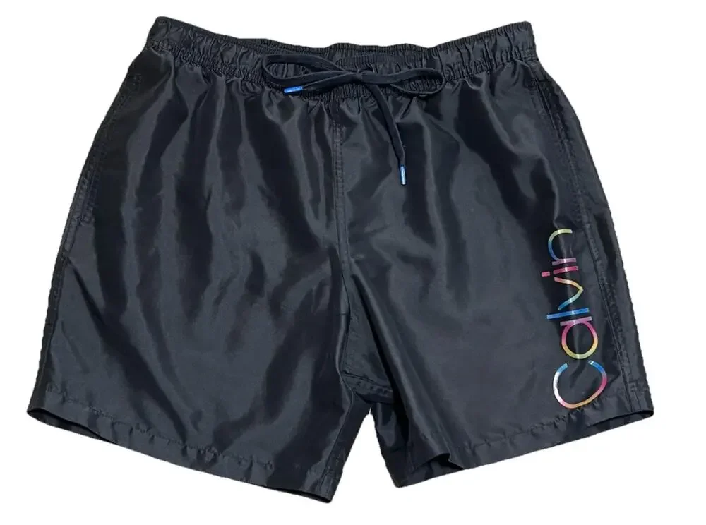CALVIN KLEIN Rainbow Logo Swim Trunks Mens Large Liner Black Shorts Swimwear